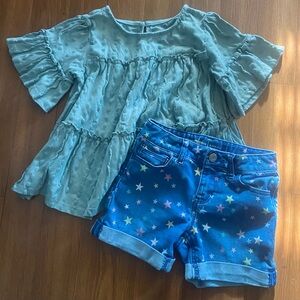 Denim gap kids shorts w/pastel stars & flowy babydoll top volume summer set Sz 6